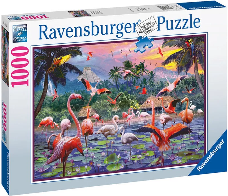 puzzel Roze flamingo's - Legpuzzel - 1000 stukjes van Ravensburger, editie Meerkleurig – doos