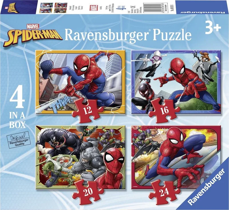 puzzel Spiderman - Vier puzzels 12+16+20+24 stukjes - kinderpuzzel fra Ravensburger, Flerfarvet-udgave – æske