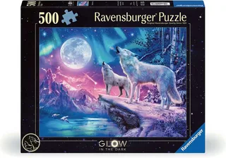 puzzel Star Line - Wolf im Nordlicht - 500 stukjes glow in the dark. von Ravensburger, Ausgabe Mehrfarbig – Schachtel 1 von 2