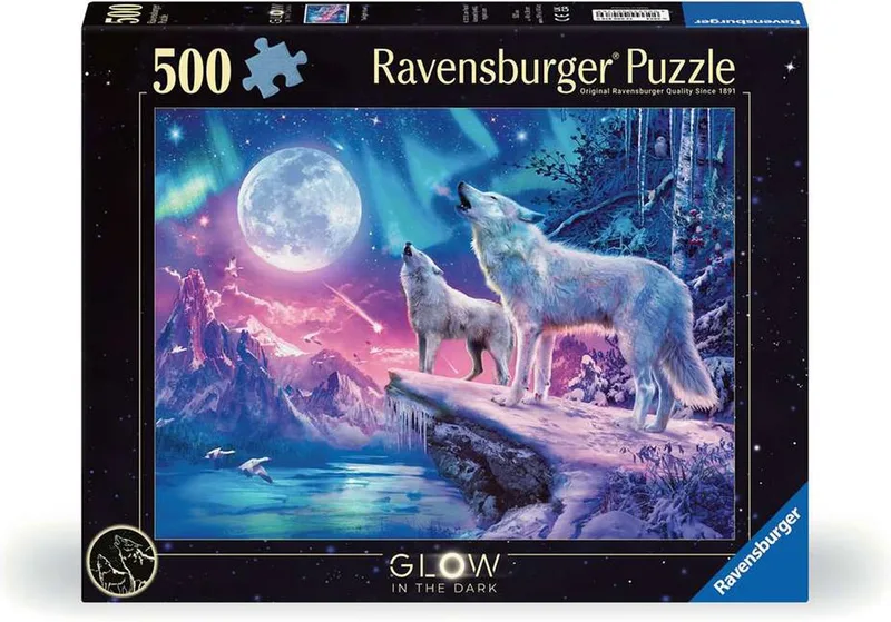 puzzel Star Line - Wolf im Nordlicht - 500 stukjes glow in the dark. von Ravensburger, Ausgabe Mehrfarbig – Schachtel 1 von 2