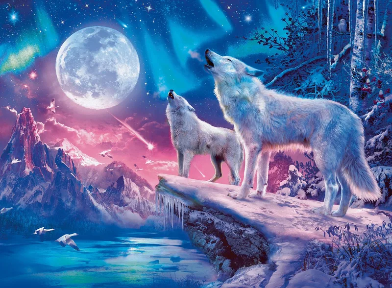puzzel Star Line - Wolf im Nordlicht - 500 stukjes glow in the dark. von Ravensburger, Ausgabe Mehrfarbig – Schachtel 2 von 2