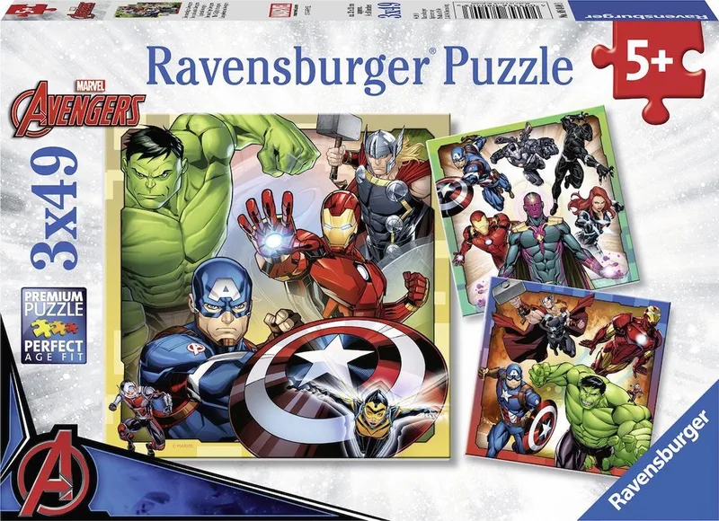 puzzel The Avengers - Drie puzzels - 49 stukjes - kinderpuzzel van Ravensburger, editie Meerkleurig – doos