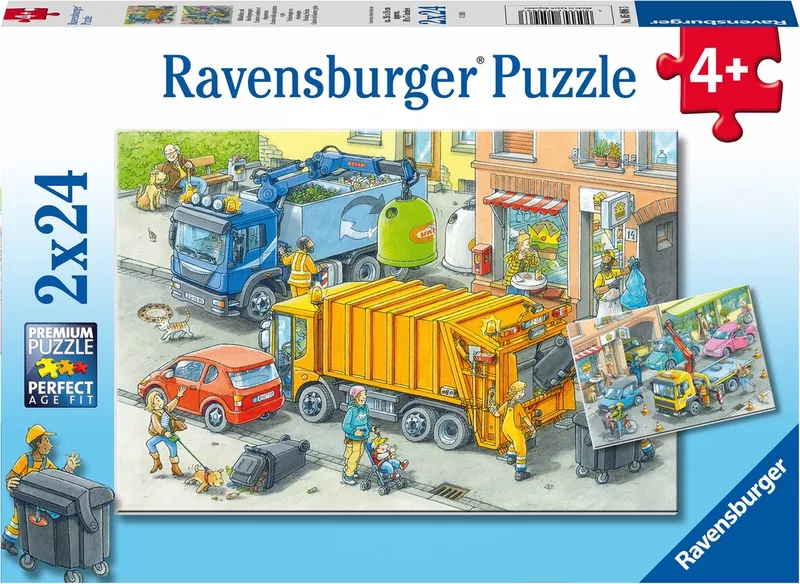 puzzel Vuilniswagen en sleepwagen - 2 x 24 stukjes van Ravensburger, editie Meerkleurig – doos