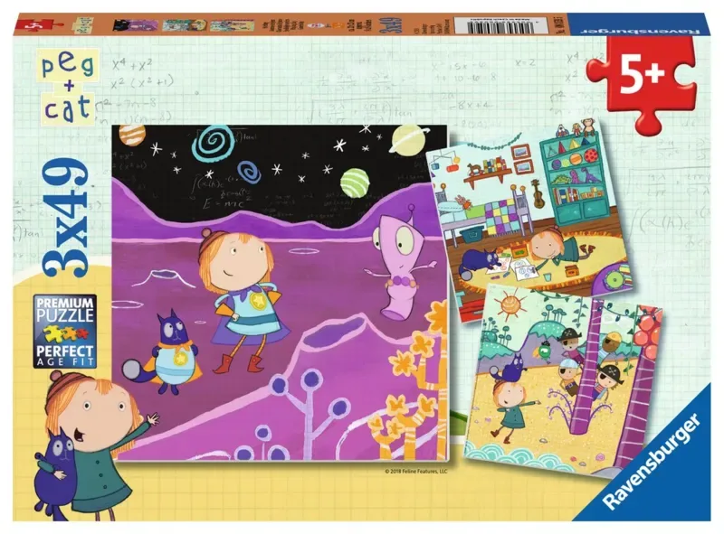 Puzzle 3 Puzzles - Peg + Cat - 26 à 50 pièces van Ravensburger – doos