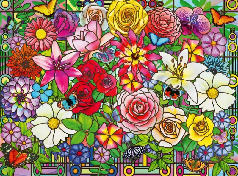 Puzzle Bien Être & Puzzle - Fleurs En Vitrail - 100 à 149 pièces van Ravensburger – doos
