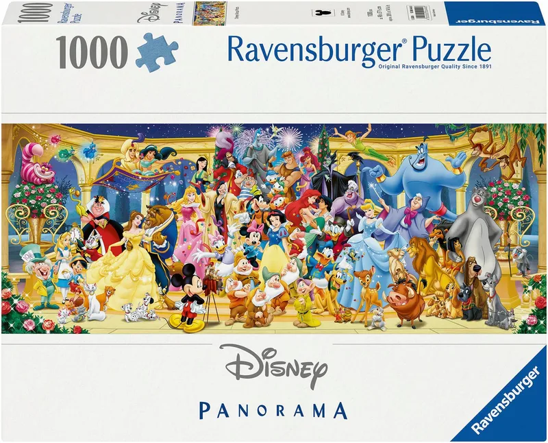 Puzzle Disney Classics, Panorama, Disney Gruppenfoto, 1000 Puzzleteile, Made in Germany de Ravensburger, édition Multicolore – boîte 1 sur 2