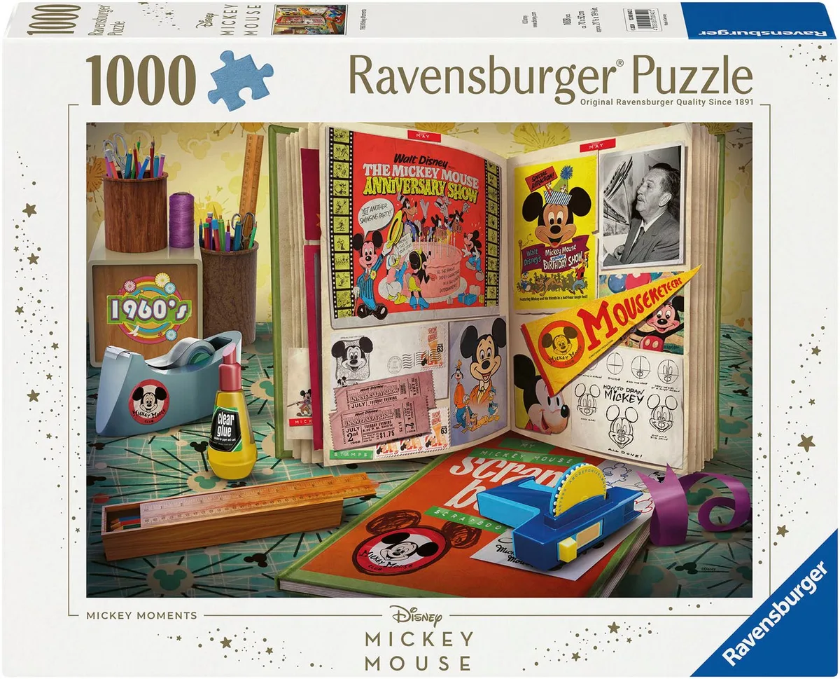 Puzzle Disney Mickey Mouse, 1960 Mickey Moments, 1000 Puzzleteile, Made in Germany von Ravensburger, Ausgabe Mehrfarbig – Schachtel