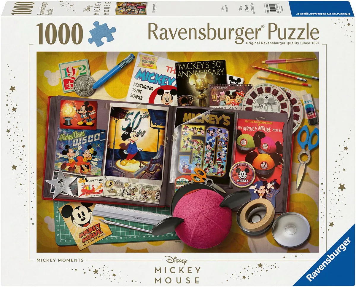 Puzzle Disney Mickey Mouse, 1970 Mickey Moments, 1000 Puzzleteile, Made in Germany von Ravensburger, Ausgabe Mehrfarbig – Schachtel