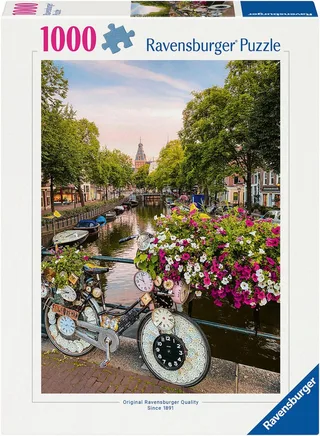 Puzzle Fahrrad und Blumen in Amsterdam, 1000 Puzzleteile, Made in Germany de Ravensburger, édition Multicolore – boîte 1 sur 2