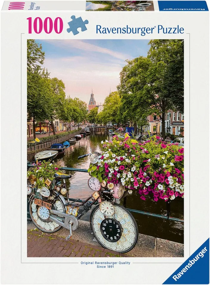 Puzzle Fahrrad und Blumen in Amsterdam, 1000 Puzzleteile, Made in Germany de Ravensburger, édition Multicolore – boîte 1 sur 2