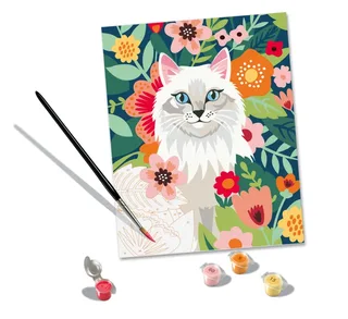 Puzzle Peinture au Numéro - CréArt - Chat blanc et fleurs de Ravensburger – boîte 1 sur 2