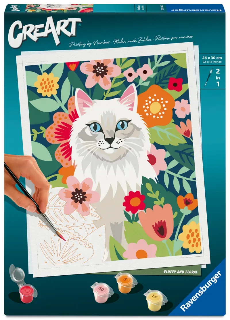 Puzzle Peinture au Numéro - CréArt - Chat blanc et fleurs de Ravensburger – boîte 2 sur 2