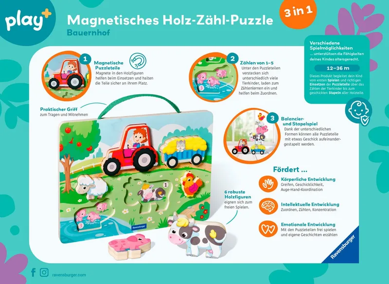 Puzzle Play+ Magnetisches Holz-Zähl-Puzzl Bauernhof, 6 Puzzleteile de Ravensburger, édition Multicolore – boîte 2 sur 5