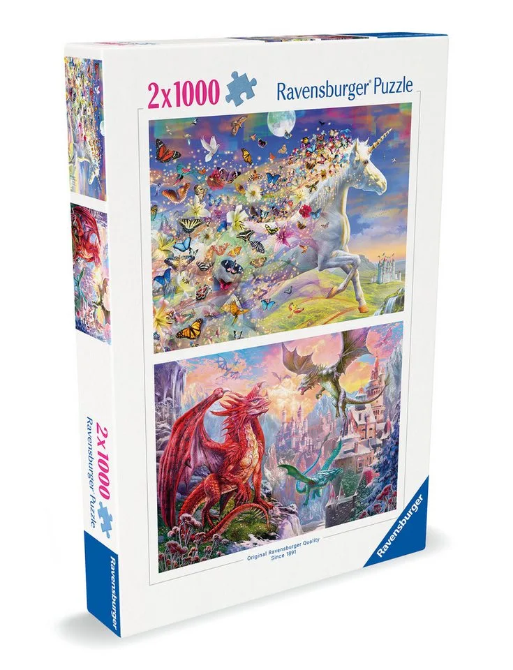Puzzle Ravensburger, Einhorn und Drachen, 2x 1000 Teile Puzzle, 1000 Puzzleteile von Ravensburger, Ausgabe Mehrfarbig – Schachtel
