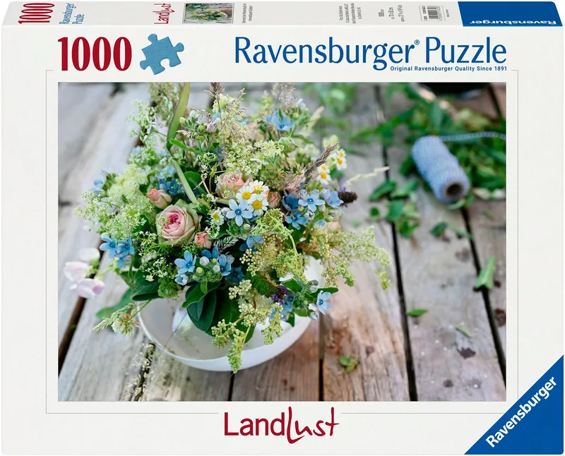 Puzzle Sommerlicher Wiesenstrauß mit Himmelblauem Südstern, 1000 Puzzleteile, Made in Germany from Ravensburger, Multicolour edition – box 1 of 2