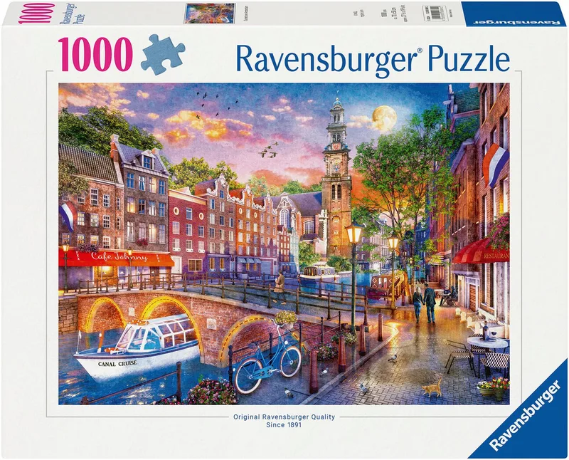 Puzzle Sonnenuntergang Amsterdam 1000p, 1000 Puzzleteile, Made in Germany fra Ravensburger, Flerfarvet-udgave – æske 1 af 2