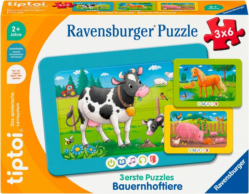 Puzzle tiptoi® 3 erste Puzzles: Bauernhoftiere, 18 Puzzleteile, Made in Europe von Ravensburger, Ausgabe Mehrfarbig – Schachtel 1 von 4