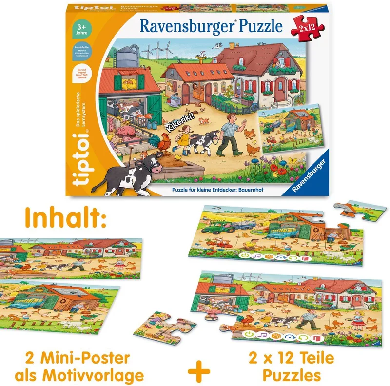 Puzzle tiptoi® Puzzle für kleine Entdecker: Bauernhof, 12 Puzzleteile, Made in Europe de Ravensburger, édition Multicolore – boîte 2 sur 5