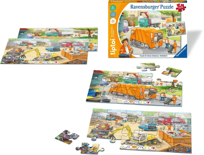 Puzzle tiptoi® Puzzle für kleine Entdecker: Müllabfuhr, 12 Puzzleteile, (2 x 12 Teile) Made in Europe from Ravensburger, Multicolour edition – box 1 of 5