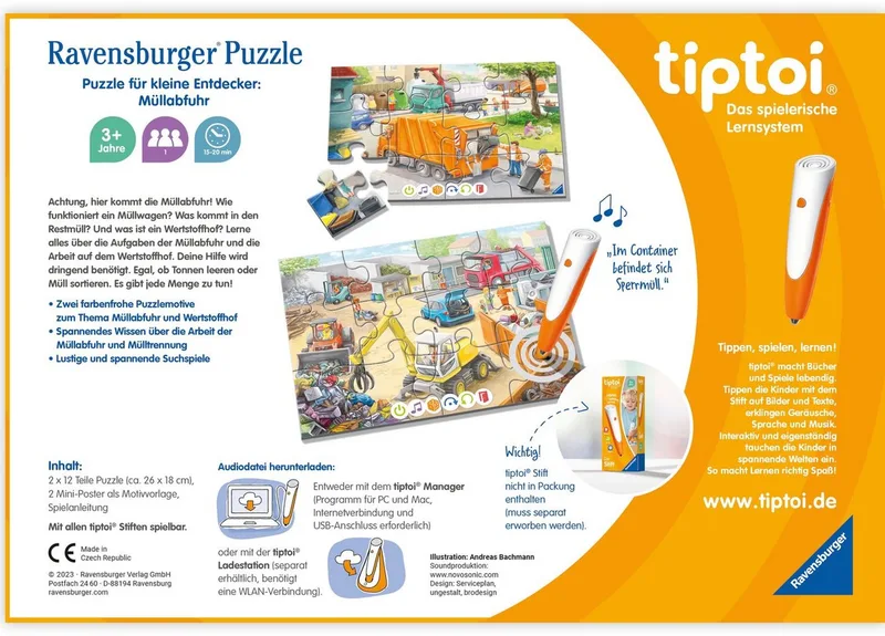 Puzzle tiptoi® Puzzle für kleine Entdecker: Müllabfuhr, 12 Puzzleteile, (2 x 12 Teile) Made in Europe from Ravensburger, Multicolour edition – box 5 of 5
