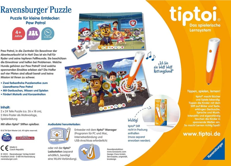 Puzzle tiptoi® Puzzle für kleine Entdecker: PAW Patrol, 24 Puzzleteile, (2 x 24 Teile) Made in Europe von Ravensburger, Ausgabe Mehrfarbig – Schachtel 3 von 3