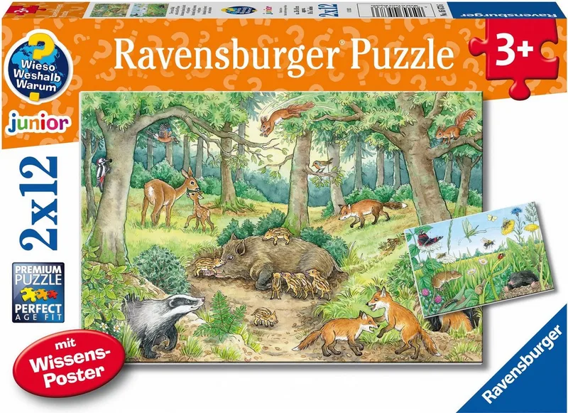 Puzzle Wieso? Weshalb? Warum? Junior, Tiere im Wald und auf der Wiese, 24 Puzzleteile, 2x12 Teile, Made in Europe from Ravensburger, Multicolour edition – box 1 of 5