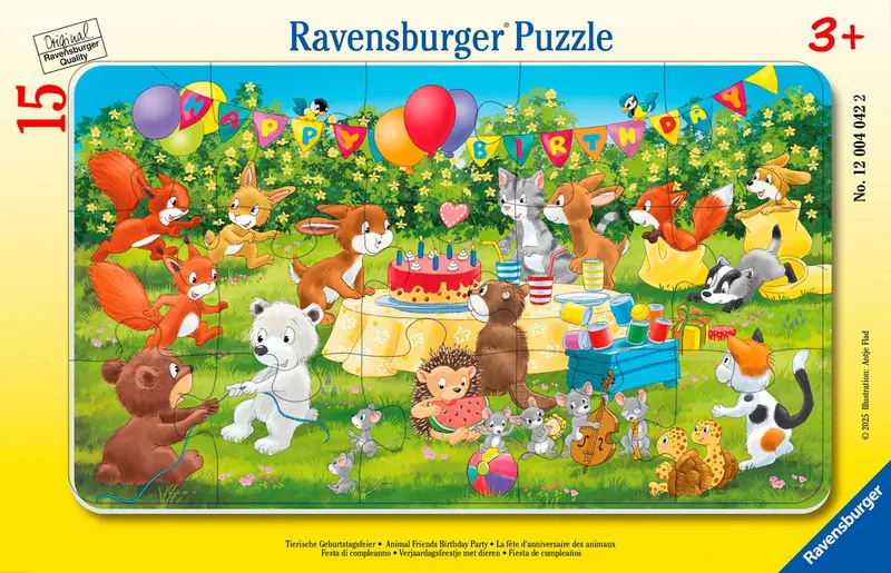 Rahmenpuzzle Tierische Geburtstagsfeier, 15 Puzzleteile, Made in Europe de Ravensburger, édition Multicolore – boîte