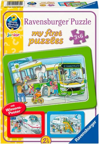 Rahmenpuzzle Wieso? Weshalb? Warum? Unterwegs mit Bus, Bahn und Flugzeug, 18 Puzzleteile, Made in Europe from Ravensburger, Multicolour edition – box 1 of 5