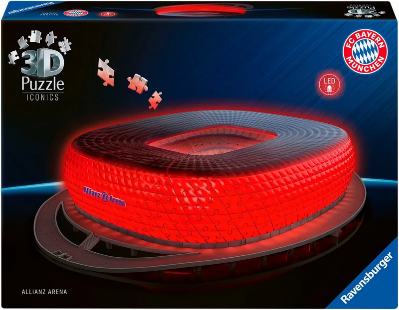 Ravensburger 3D-Puzzle 3D Puzzle Iconics: Allianz Arena - mit Licht, 216 Puzzleteile, mit LED Licht, Made in Europe de Ravensburger, édition Rouge – boîte 1 sur 5