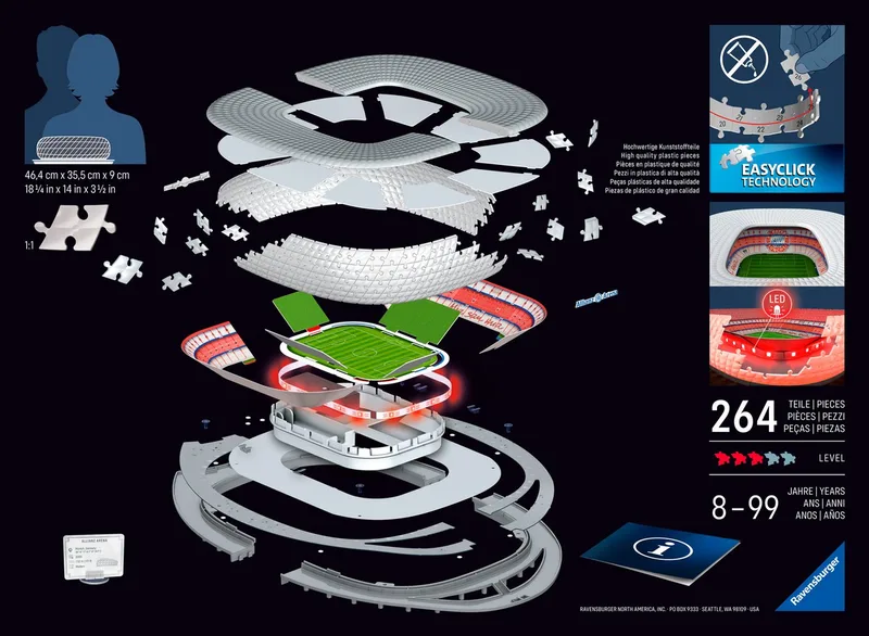 Ravensburger 3D-Puzzle 3D Puzzle Iconics: Allianz Arena - mit Licht, 216 Puzzleteile, mit LED Licht, Made in Europe de Ravensburger, édition Rouge – boîte 2 sur 5