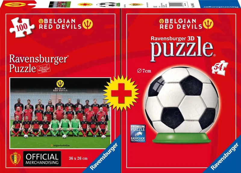 Red Devils 2016 Puzzel 100 stukjes + 3D puzzle 54 stukjes van Ravensburger, editie Rood – doos