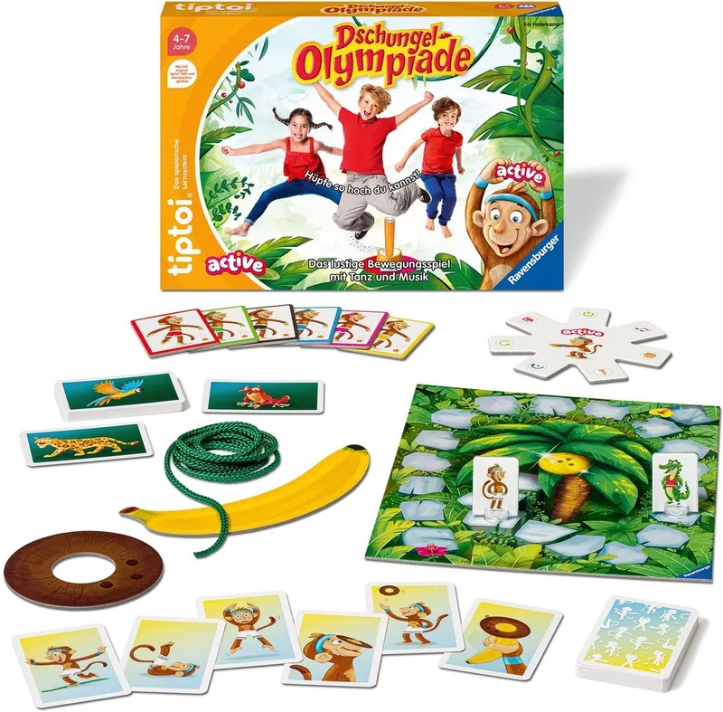 Spiel tiptoi® ACTIVE Dschungel-Olympiade, Bewegungsspiel, Made in Europe från Ravensburger, utgåva Bunt – kartong
