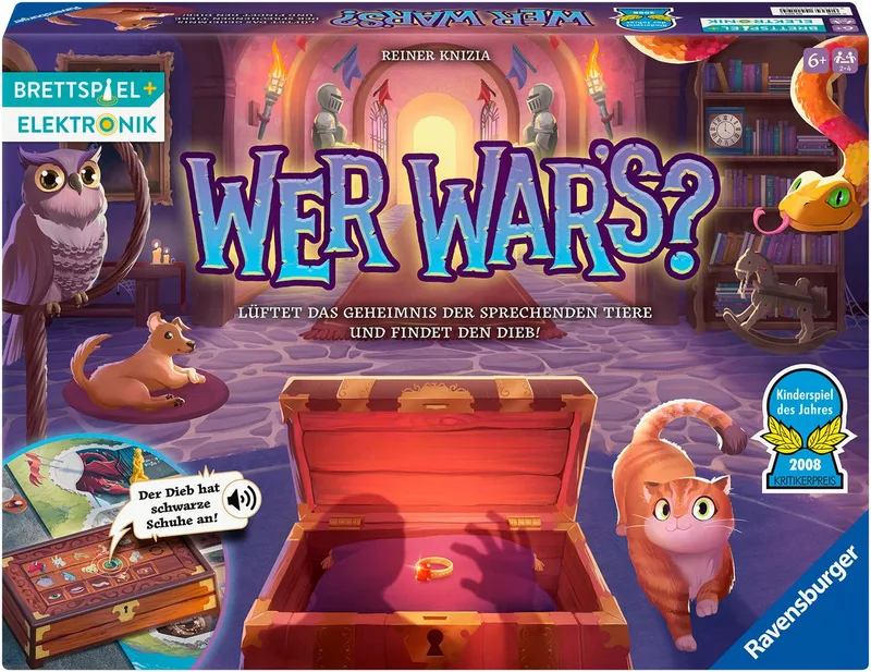 Spiel Wer war's?, Kinderspiel, mit Elektronik, Made in Europe från Ravensburger, utgåva Bunt – kartong