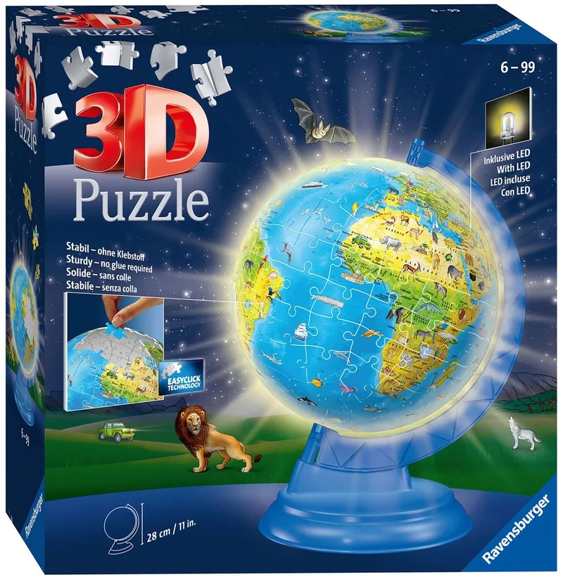 XXL Kinder globe Engelstalig - 3D Puzzel - 180 stukjes van Ravensburger, editie Night edition – doos