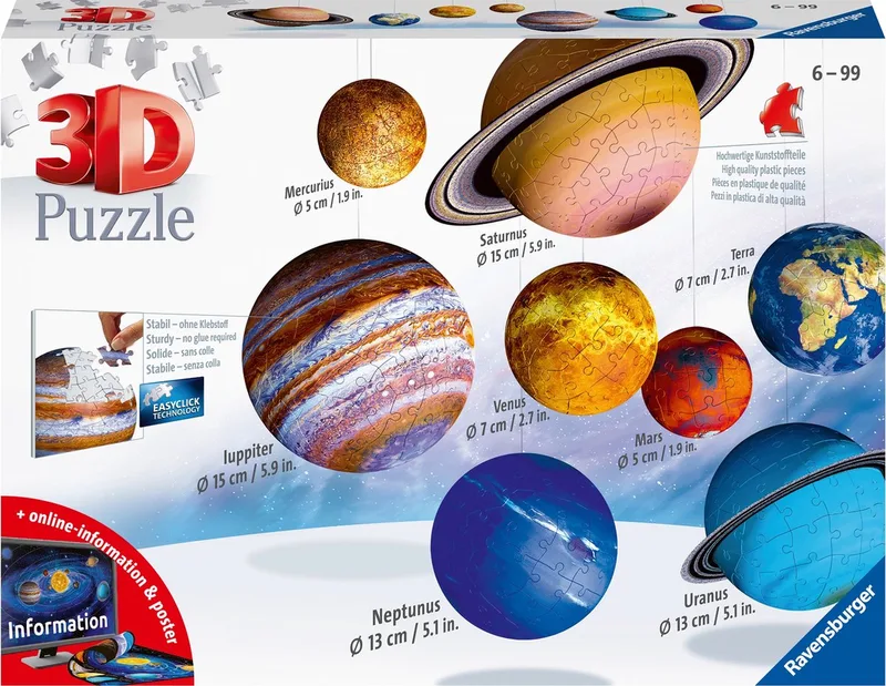 Zonnestelsel - 3D puzzel - 27/54/72/108 stukjes from Ravensburger, Multicolour edition – box