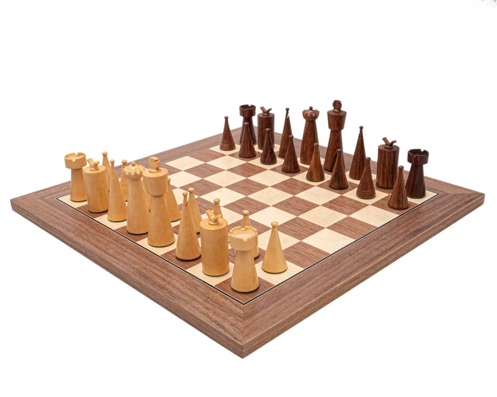 De Art Deco-schaakset van sheesham en walnoot van Regency Chess – doos