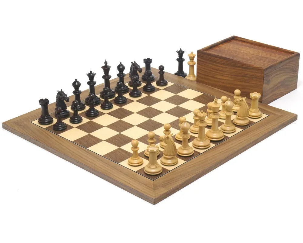 De Bath palissander- en walnoot-schaakset van Regency Chess – doos