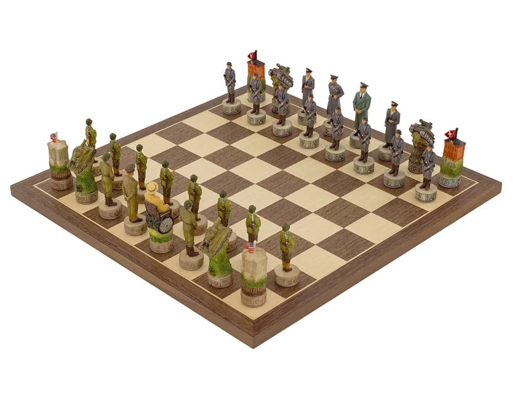 De handgeschilderde Tweede Wereldoorlog-thema-schaakset 'Hitler vs Roosevelt' van Italfama de Regency Chess – boîte