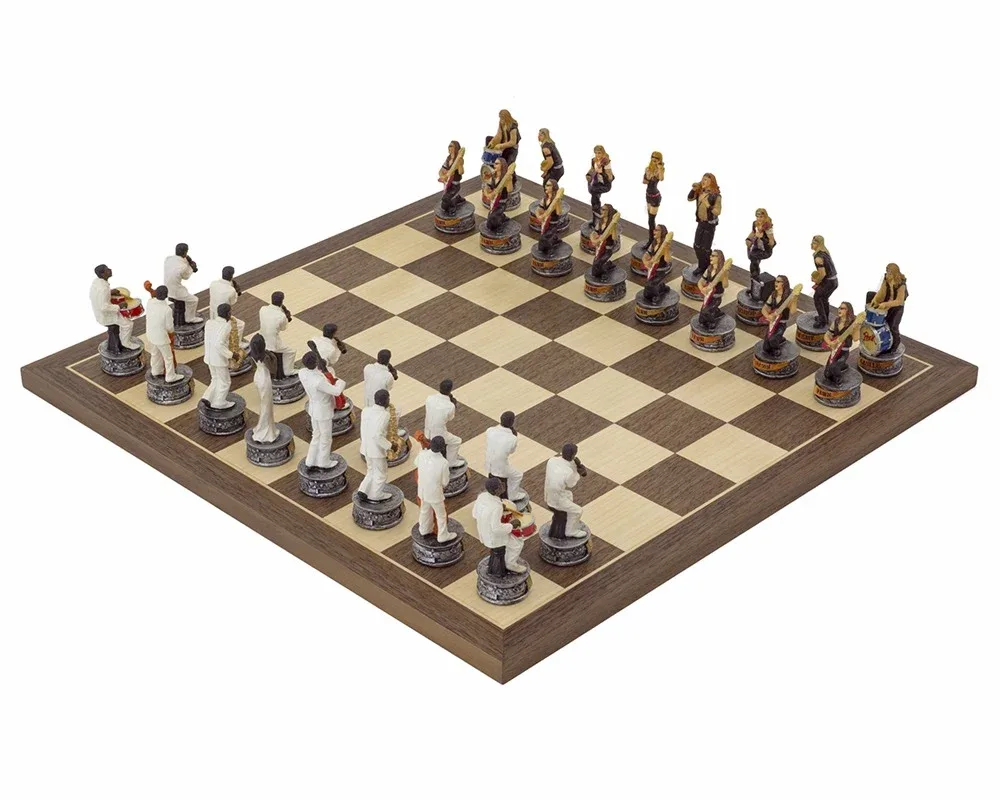 Handgeschilderde thematische schaakset "Jazzband vs Rocksterren" door Italfama de Regency Chess – boîte
