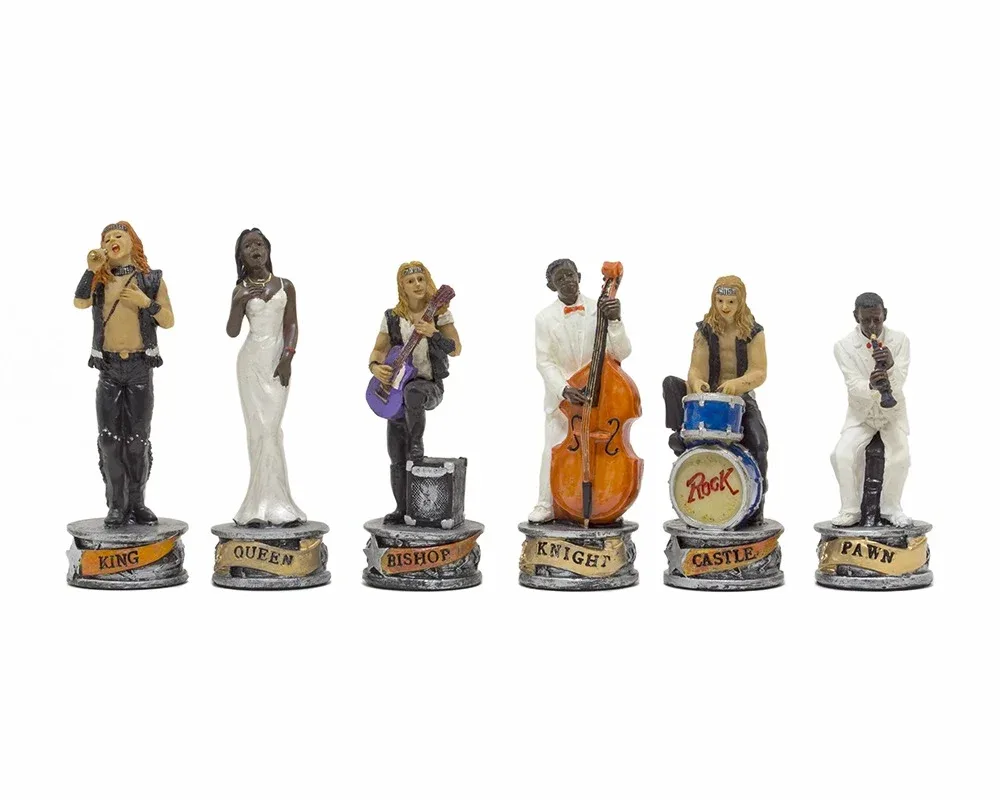 Jazzband vs Rocksterren - handgeschilderde thematische schaakstukken door Italfama de Regency Chess – boîte