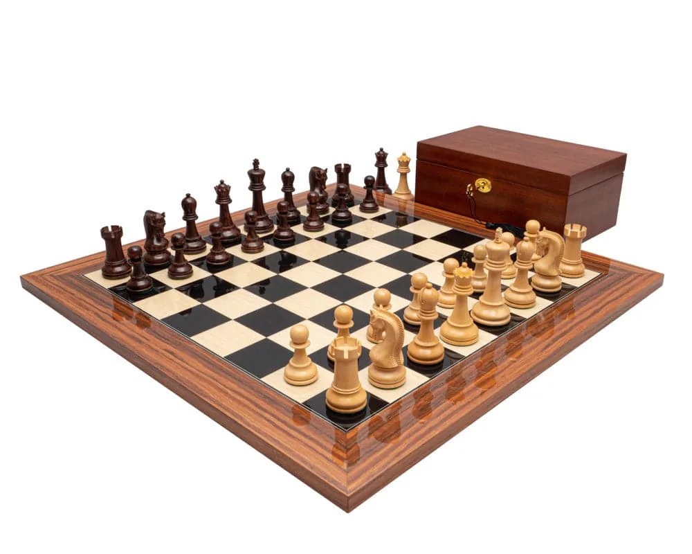 Luxe Leningrad-schaakset in Anjan en palissander met kast van Regency Chess – doos