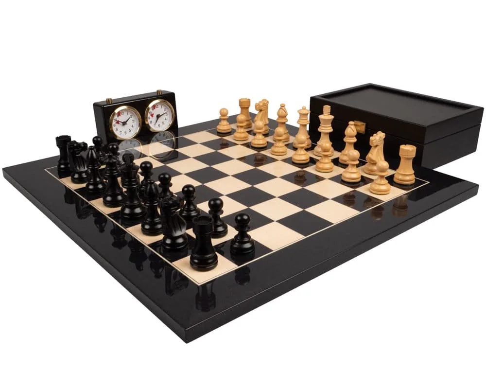 Luxe zwarte schaakset "Franse Paard" van Regency Chess – doos
