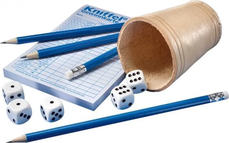 Kniffel met Lederen dobbelbeker Dobbelspel van Schmidt Spiele, editie Multicolor – doos