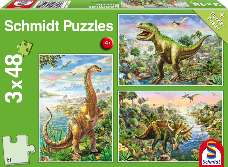 Legpuzzel - 3 x 48 stukjes - Kinderen - vanaf 4 jaar von Schmidt Spiele, Ausgabe Avonturen met de dinosaurussen – Schachtel