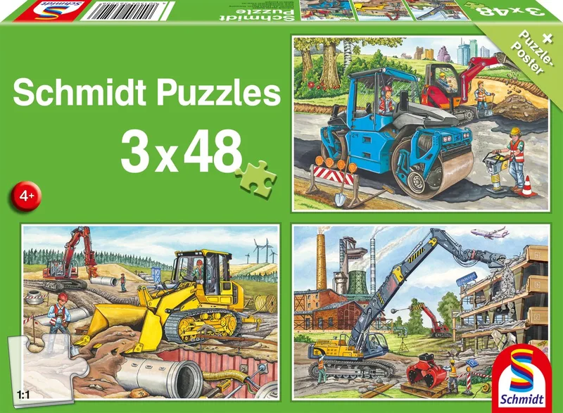 Legpuzzel - 3 x 48 stukjes - Kinderen - vanaf 4 jaar von Schmidt Spiele, Ausgabe Mijn favoriete bouwvoertuigen – Schachtel