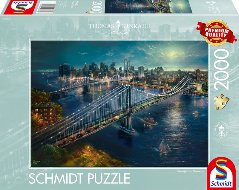 Legpuzzel - Thomas Kinkade Studios - 2000 stukjes - Volwassenen - vanaf 14 jaar fra Schmidt Spiele, Maan boven Manhattan-udgave – æske