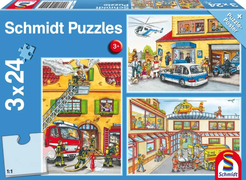 Puzzle 3 Puzzles - Pompiers et Secours - 10 à 25 pièces van Schmidt Spiele – doos