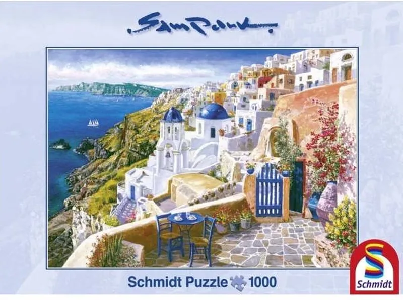 Selecta Puzzel - Sam Park: Blik op Santorini van Schmidt Spiele, editie Blauw – doos