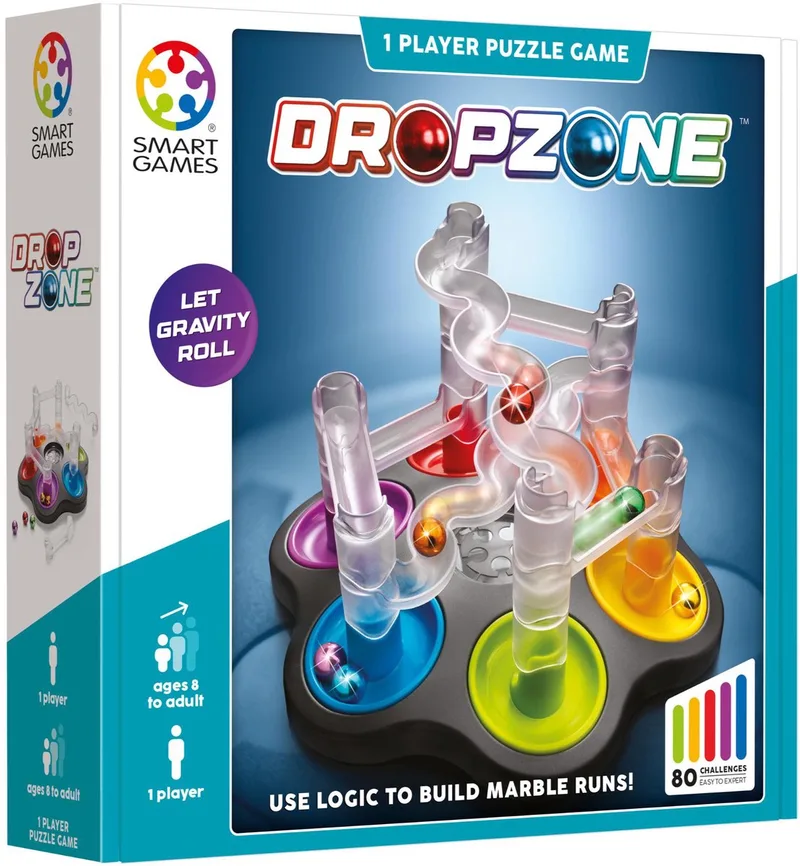 Dropzone - Logisch Denkspel & Knikkerbaan - 80 Educatieve Bouwuitdagingen - Solospel - Vanaf 8 Jaar von SmartGames – Schachtel