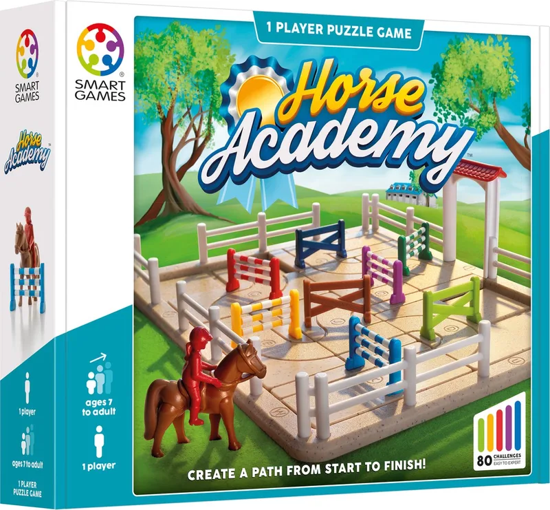 Horse Academy - Logisch Denkspel - 80 Springparcours Uitdagingen - Ruimtelijke Paardenpuzzel - Solospel - Vanaf 7 Jaar von SmartGames – Schachtel